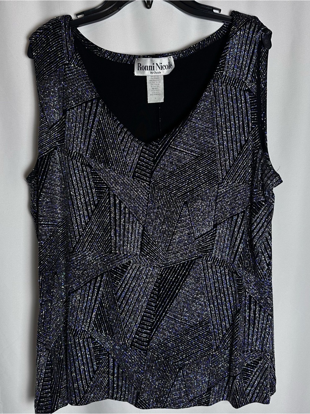 Vintage Ronni Nicole Metallic Glitter Geometric Sleeveless Party Top Black